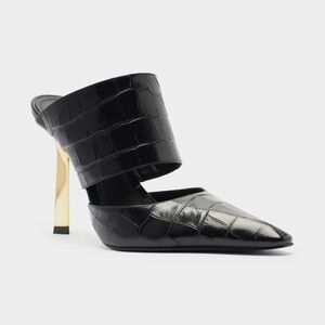 SCHUTZ Black and Gold Sculptural Heel Mules (NWT)